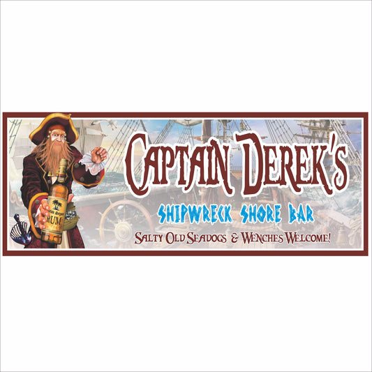 Close-up product image of a personalized pirate bar sign featuring a sea captain holding a rum bottle with a shipwreck background and customizable text