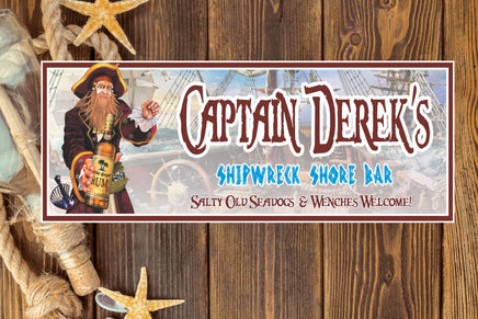 Custom Captain Morgan pirate sign featuring a pirate on a ship's deck holding a bottle of rum, with editable text areas.