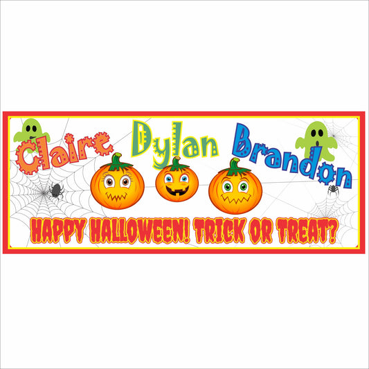 personalized halloween family sign with pumpkin and ghost characters and trick or treat message