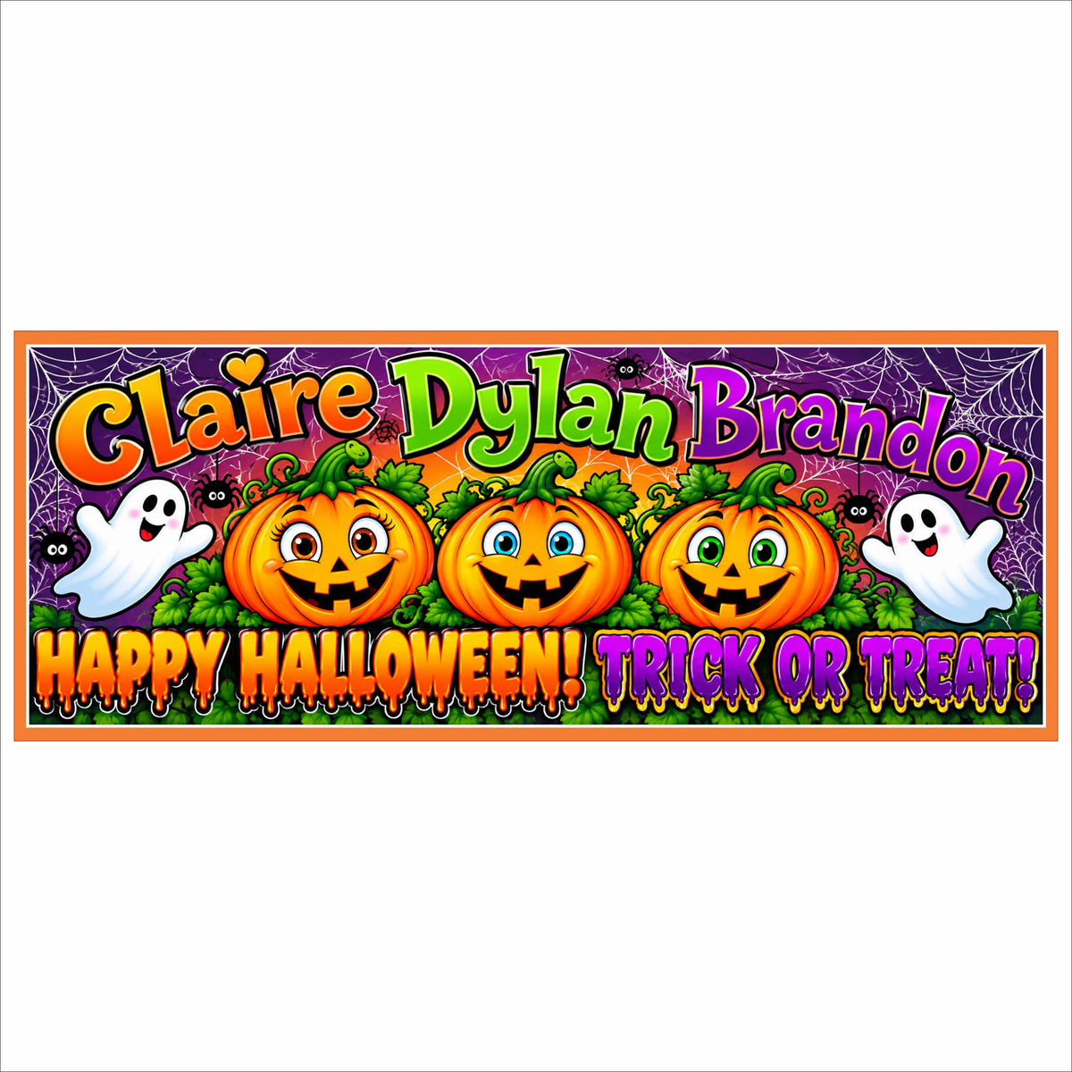 Colorful personalized Halloween sign featuring three jack-o-lanterns, cheerful ghosts and festive trick-or-treat lettering.