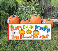 Image of Personalized Happy Halloween Sign with Colorful Choice of Green Ghosts or Pumpkins with Spider Web