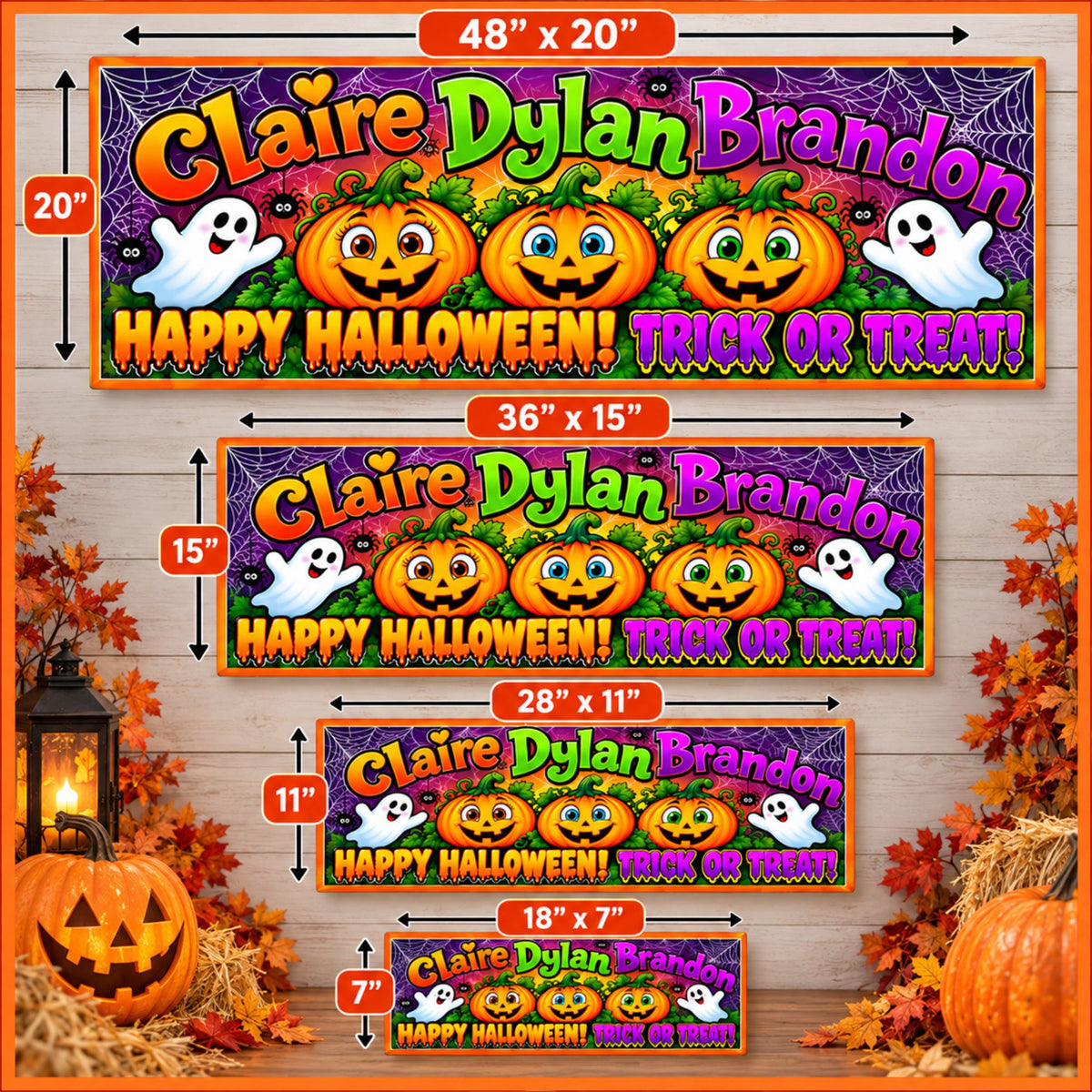 Four-size Halloween sign infographic showing 18x7, 28x11, 36x15 and 48x20 inch options with colorful pumpkin artwork.