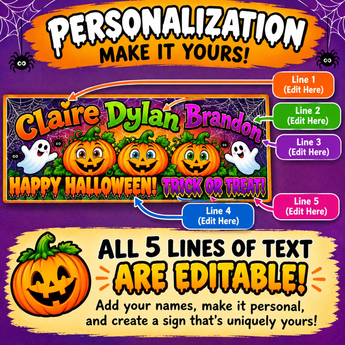 Halloween sign personalization infographic showing five editable text lines, including three names and two Halloween greetings.