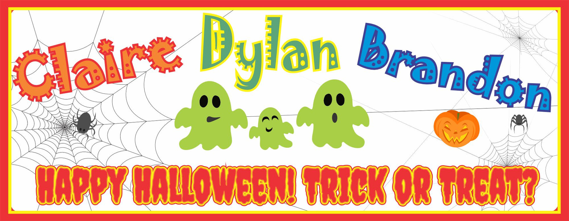 personalized halloween family sign with pumpkin and ghost characters and trick or treat message