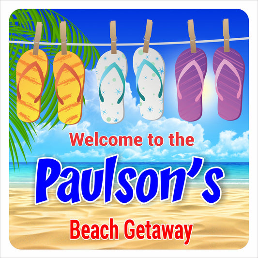 Personalized beach house sign with flip-flop artwork printed on vinyl mounted to PVC