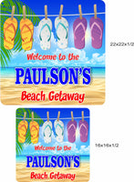 Custom Beach Welcome Sign - Personalized with Flip Flops on Clothesline & Ocean View