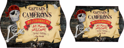 Personalized One Eyed Pirate Pub home bar sign featuring an eye-patch wearing skeleton on parchment paper and wood plank background, with editable text.