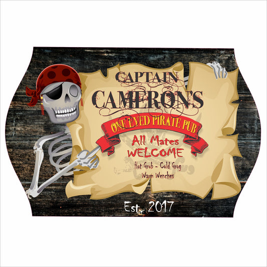 Personalized pirate bar sign with skull and scroll artwork, custom name, and aged wood background