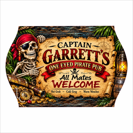 Personalized pirate pub sign featuring skeleton pirate, treasure, parchment, lantern and nautical artwork.
