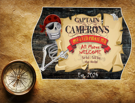 Personalized One Eyed Pirate Pub home bar sign featuring an eye-patch wearing skeleton on parchment paper and wood plank background, with editable text.