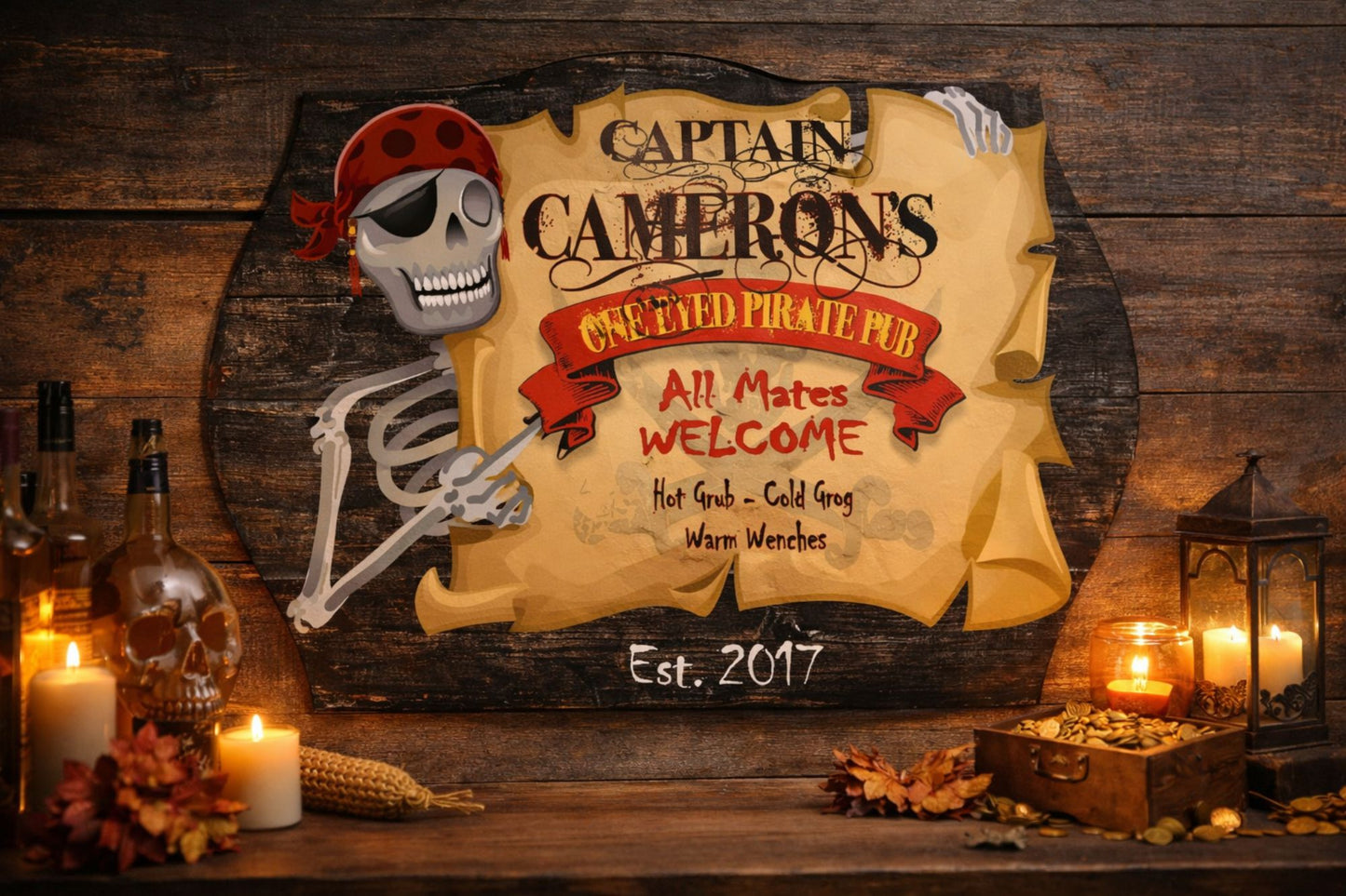 Custom pirate pub sign displayed in a themed bar setting with candles, bottles, and rustic decor