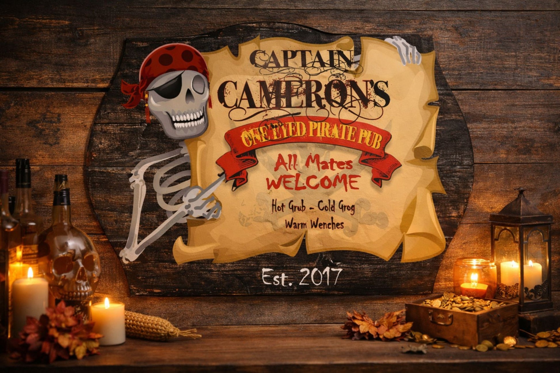 Custom pirate pub sign displayed in a themed bar setting with candles, bottles, and rustic decor