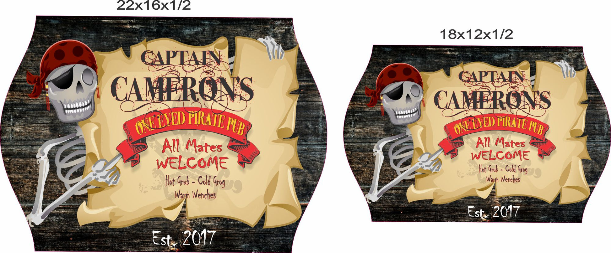 Personalized pirate bar sign shown in 12x18 and 16x22 inch size options