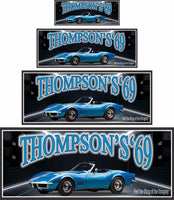 Personalized blue 1969 Chevrolet Stingray sign with editable text.