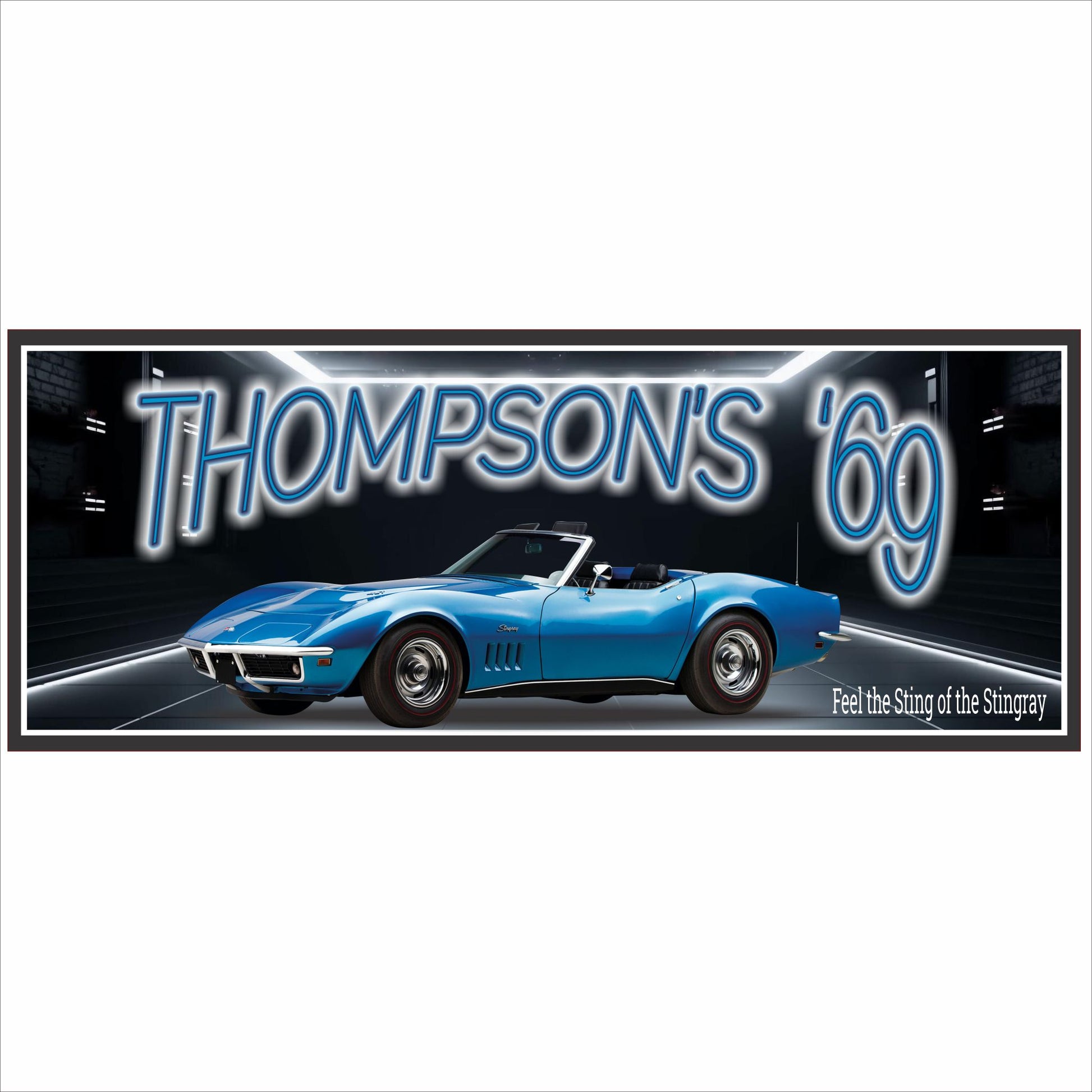 personalized 1969 classic car garage sign with vintage blue car design on dark background
