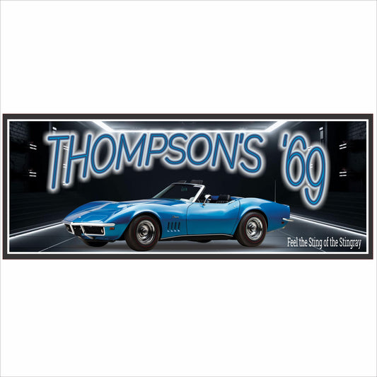 personalized 1969 classic car garage sign with vintage blue car design on dark background