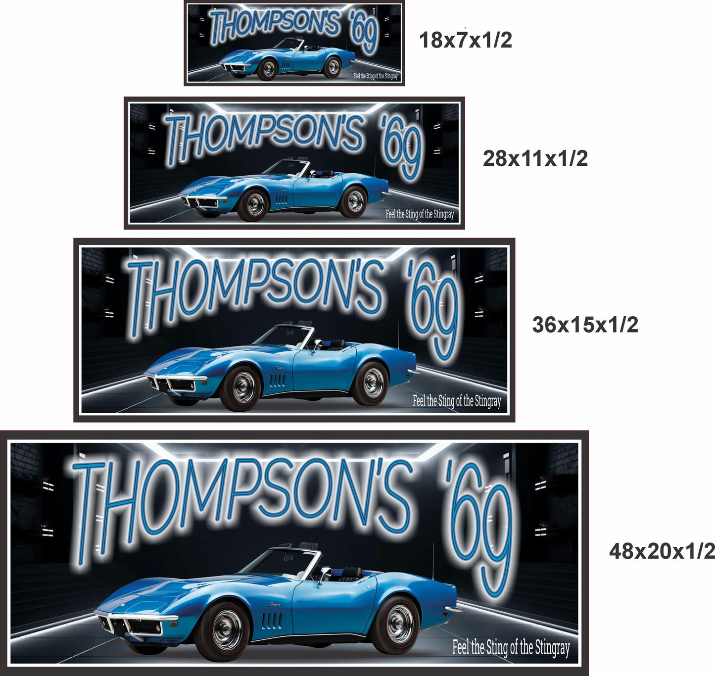 personalized 1969 classic car garage sign shown in four sizes for scale comparison