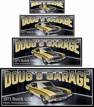 Personalized yellow 1971 Buick GSX sign with black racing stripes and editable text.