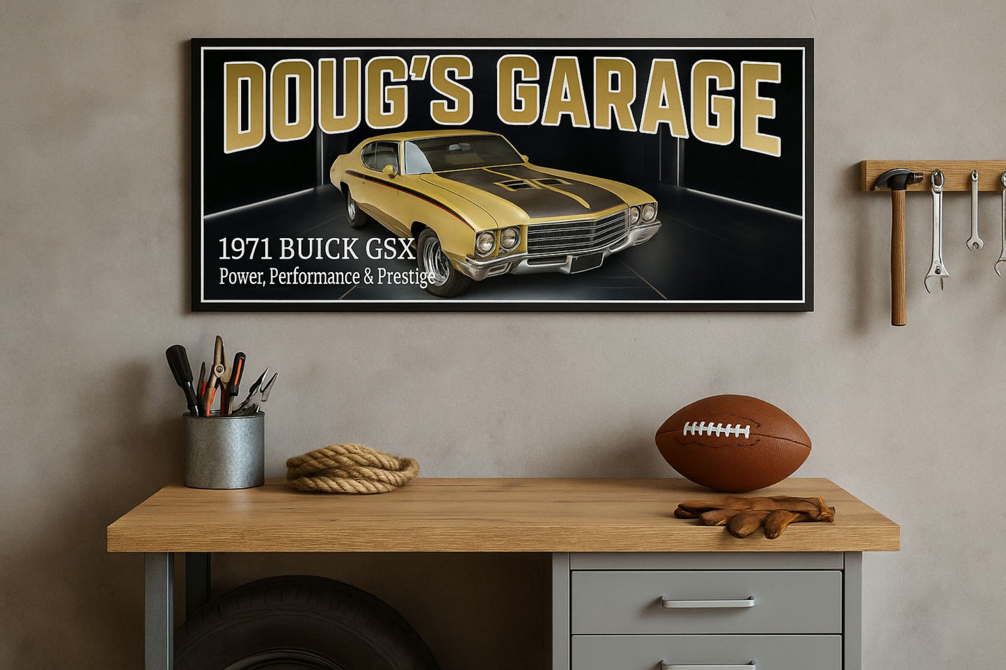 Custom 1971 muscle car wall sign displayed above a workbench in a garage setting