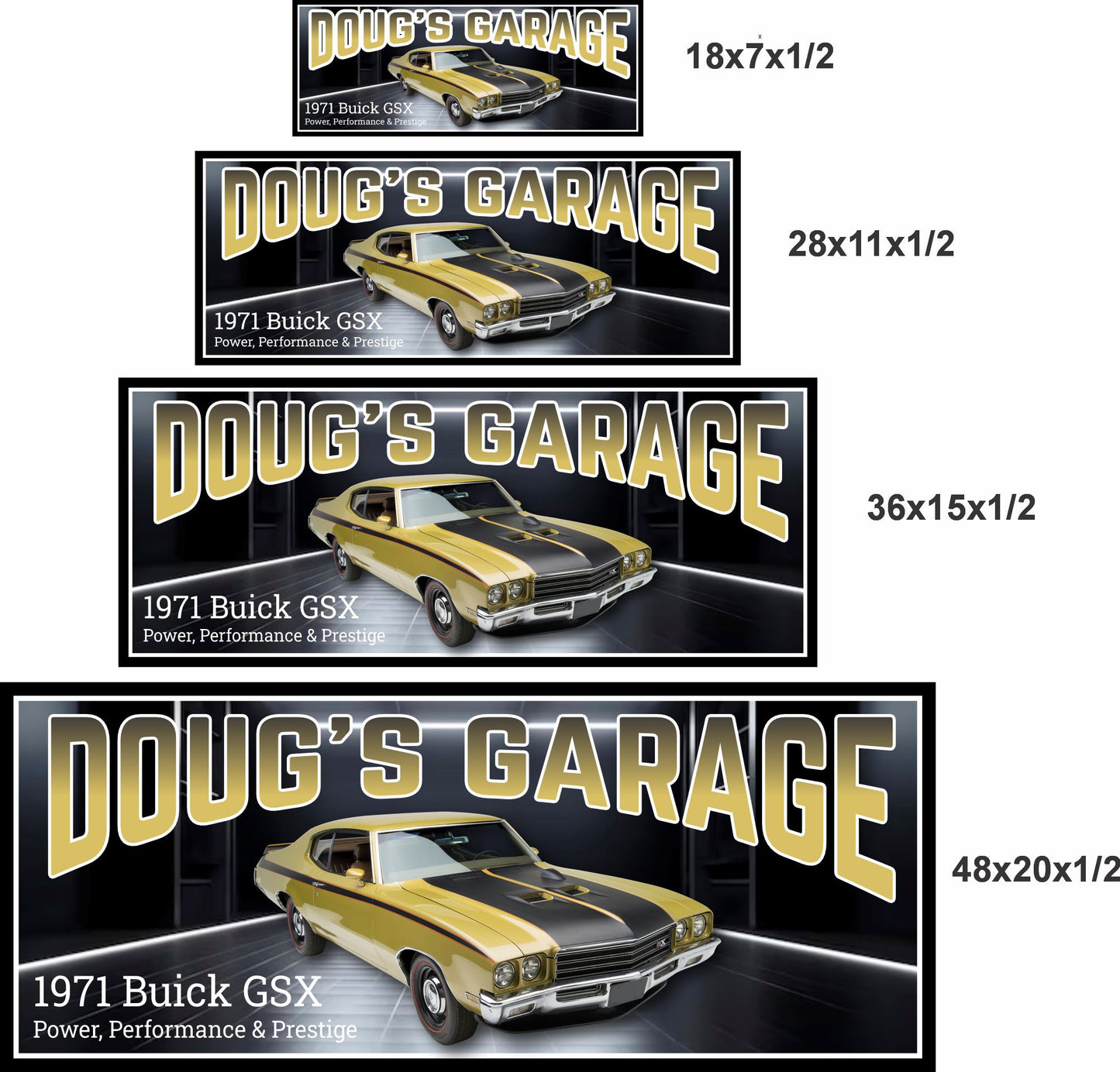1971 muscle car garage sign shown in four size options for scale reference