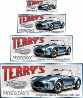 Personalized 1966 AC Shelby Cobra car sign featuring a classic sports car with fully editable text.