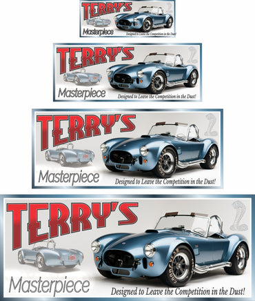 Personalized 1966 AC Shelby Cobra car sign featuring a classic sports car with fully editable text.