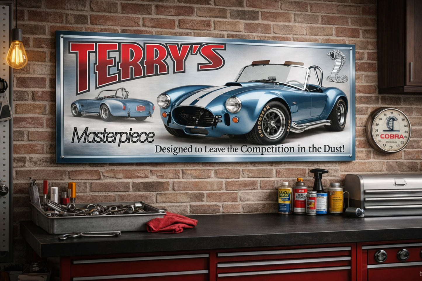 Custom 1966 classic sports car wall sign displayed above a workbench in a garage with automotive decor