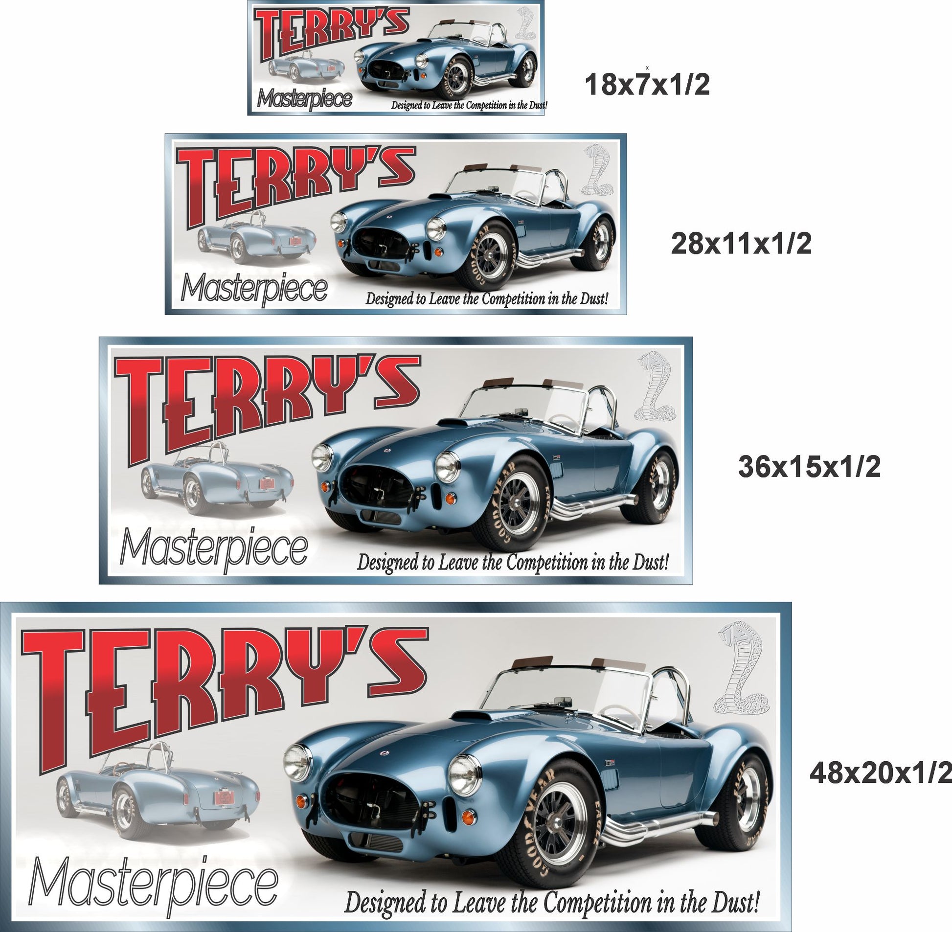 1966 classic sports car garage sign shown in four size options for scale reference