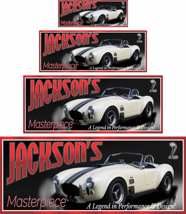 Personalized 1966 Shelby Cobra sign featuring a white classic car with racing stripes and fully editable text.