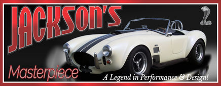 Personalized 1966 Shelby Cobra sign featuring a white classic car with racing stripes and fully editable text.