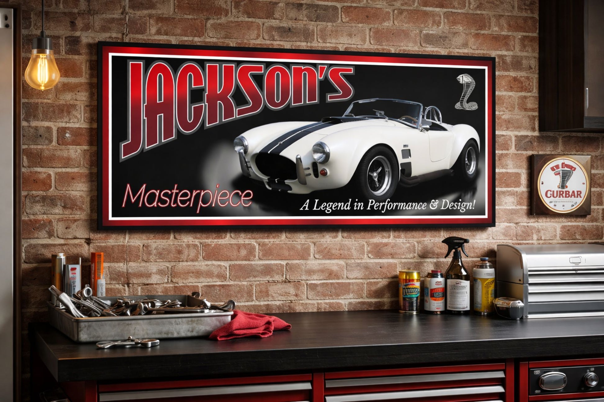 Custom 1966 sports car garage sign displayed in a classic automotive workshop