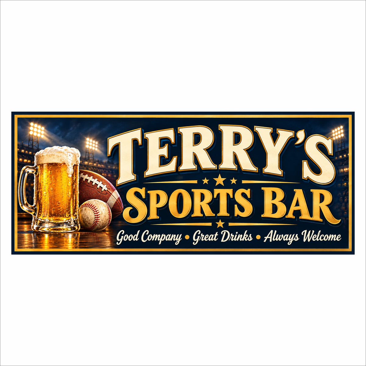 Personalized sports bar sign with bold gold lettering, a beer mug, football, baseball, and printed stadium lights on a navy background.