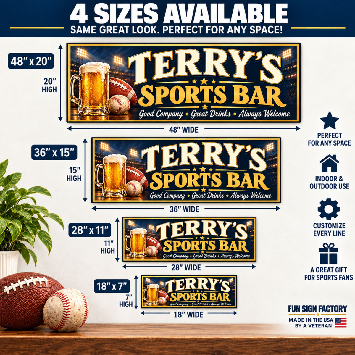 Sports bar sign size guide showing 18×7, 28×11, 36×15, and 48×20 inches with dimension arrows.