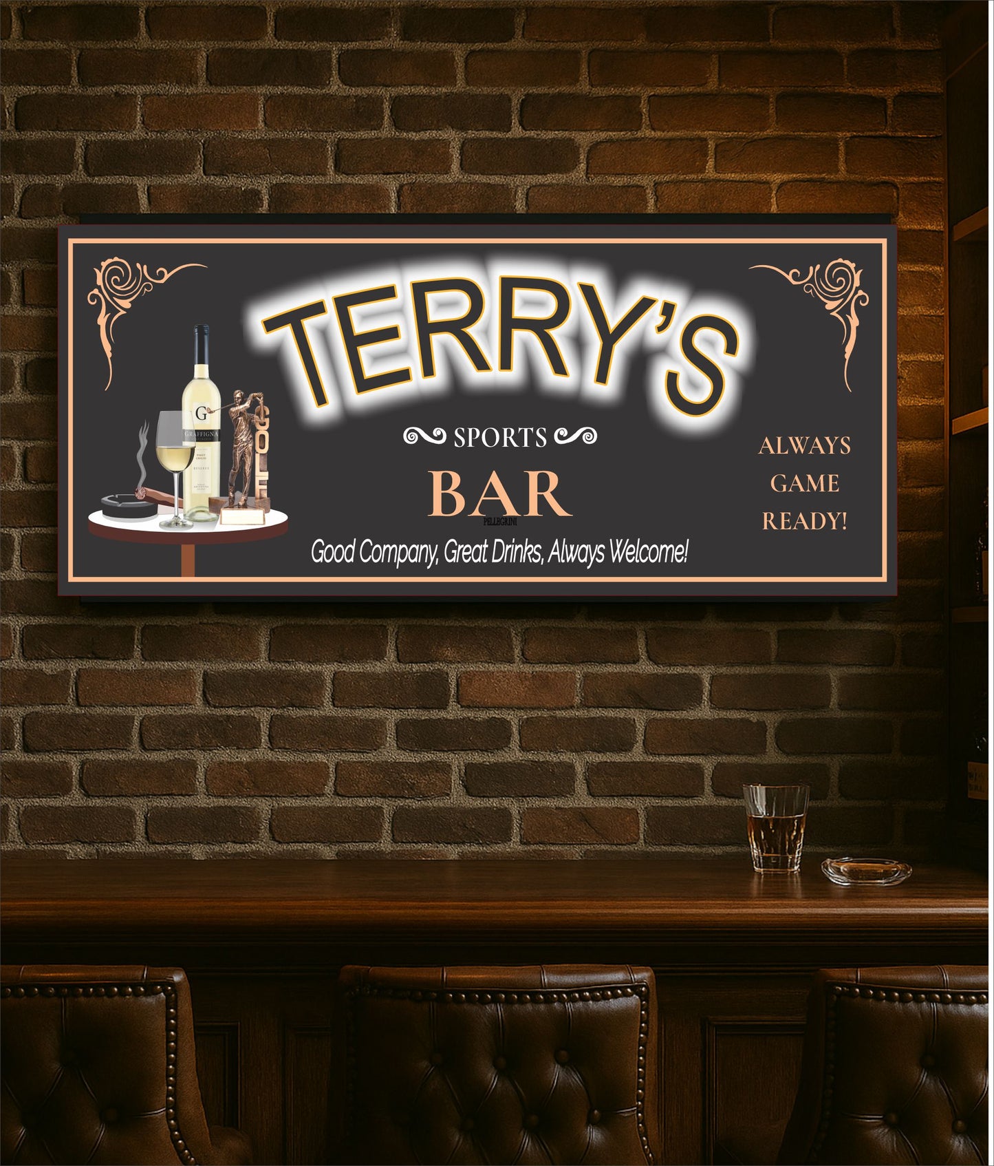 Personalized bar sign mounted on a brick wall inside a home bar or game room setting