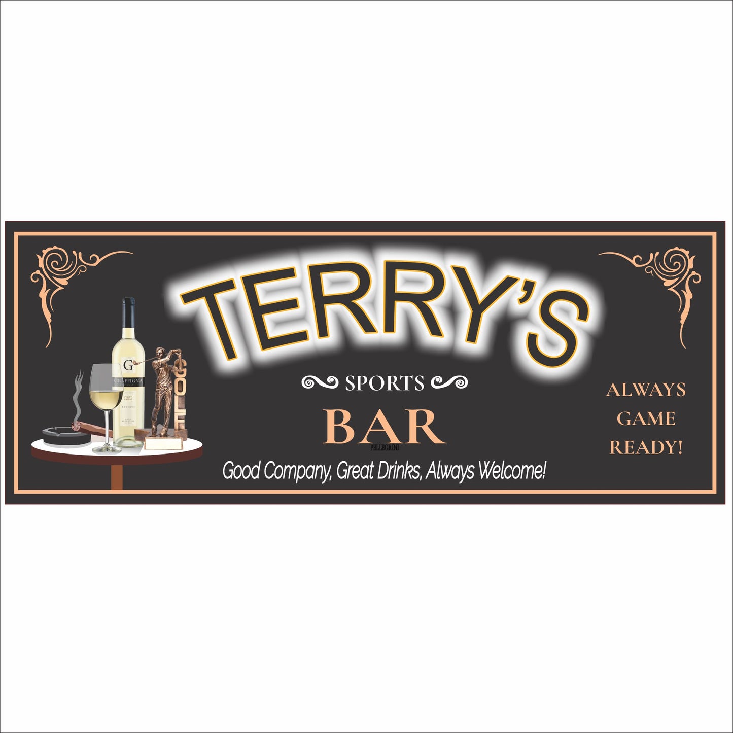 Personalized sports bar sign with vintage bar design, bottle graphics, and customizable text on a dark background