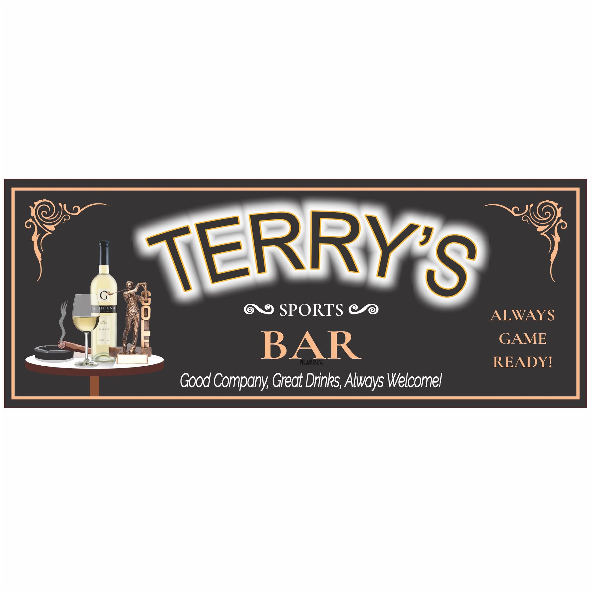 Personalized sports bar sign with vintage bar design, bottle graphics, and customizable text on a dark background