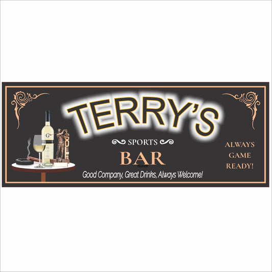 Personalized sports bar sign with vintage bar design, bottle graphics, and customizable text on a dark background