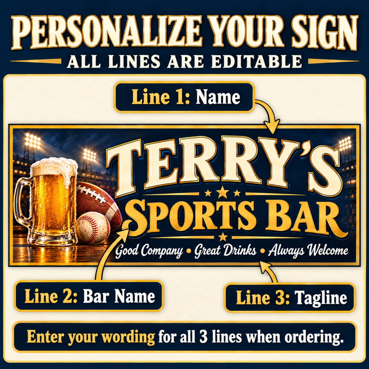 Sports bar sign personalization guide showing three editable lines: name, bar name, and tagline.