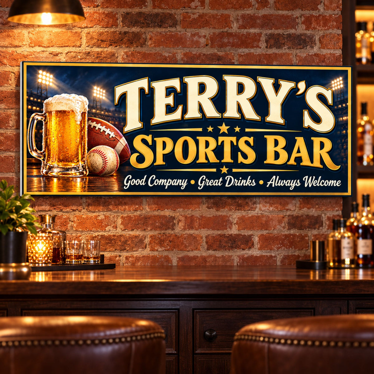 Personalized sports bar sign mounted on a brick wall above a home bar with bottles and leather bar stools.