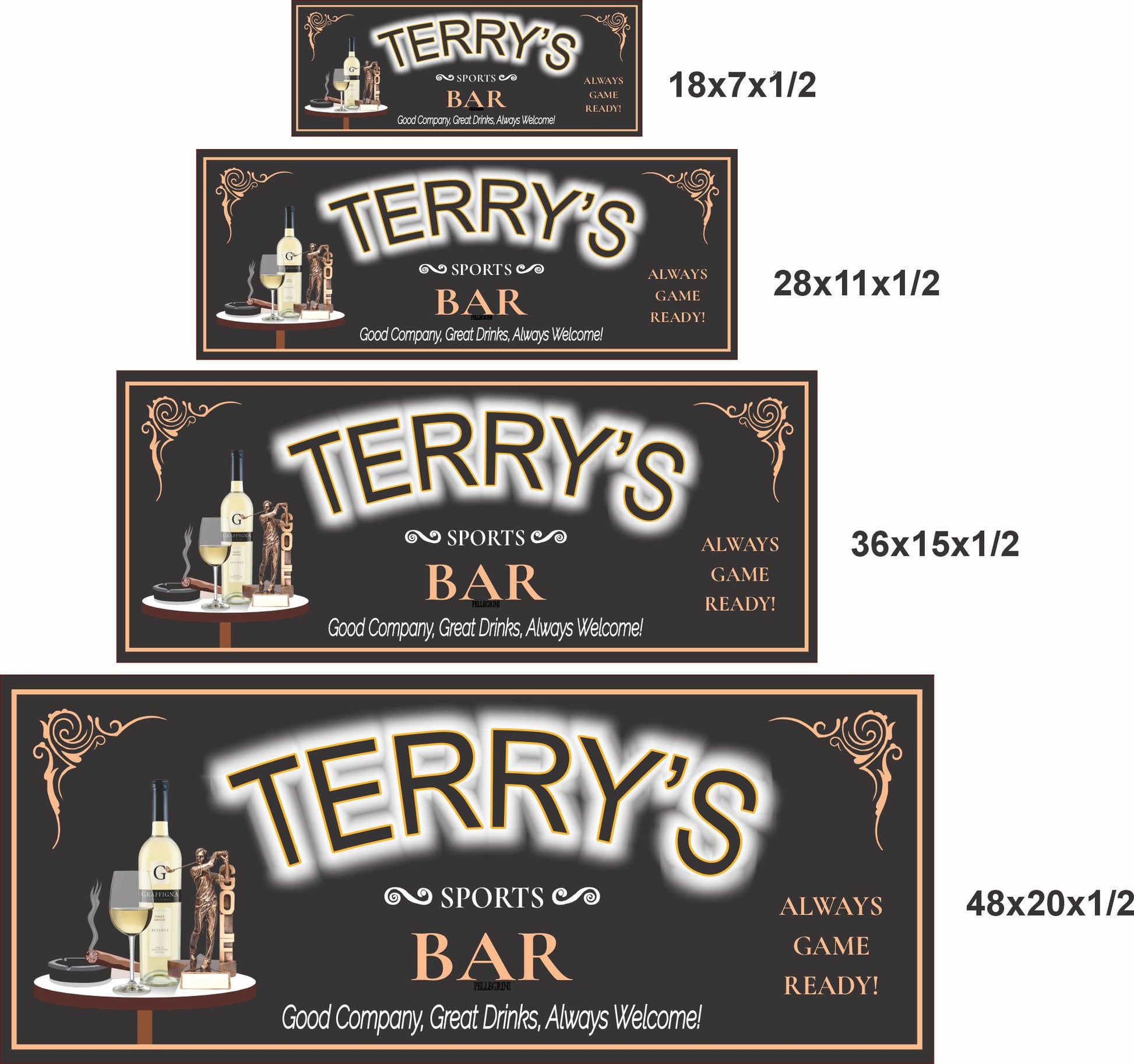 Sports bar sign shown in four available sizes: 18x7, 28x11, 36x15, and 48x20 inches