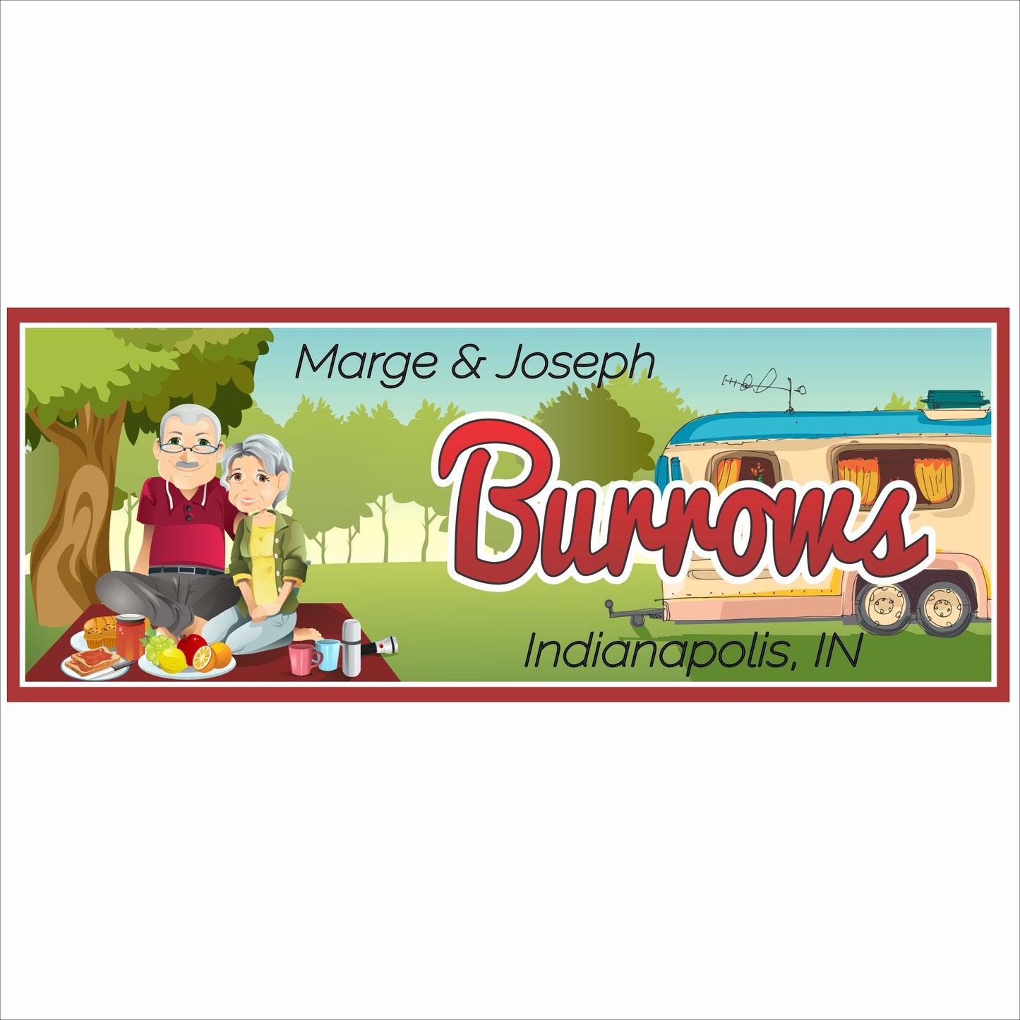 Personalized camping family sign with RV, couple, picnic scene, and custom family name