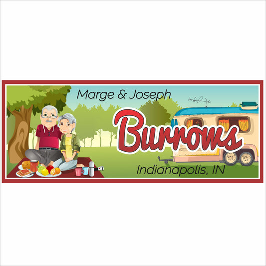 Personalized camping family sign with RV, couple, picnic scene, and custom family name