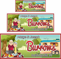 Personalized RV sign featuring a mature couple having a picnic with their RV in the background and editable text.