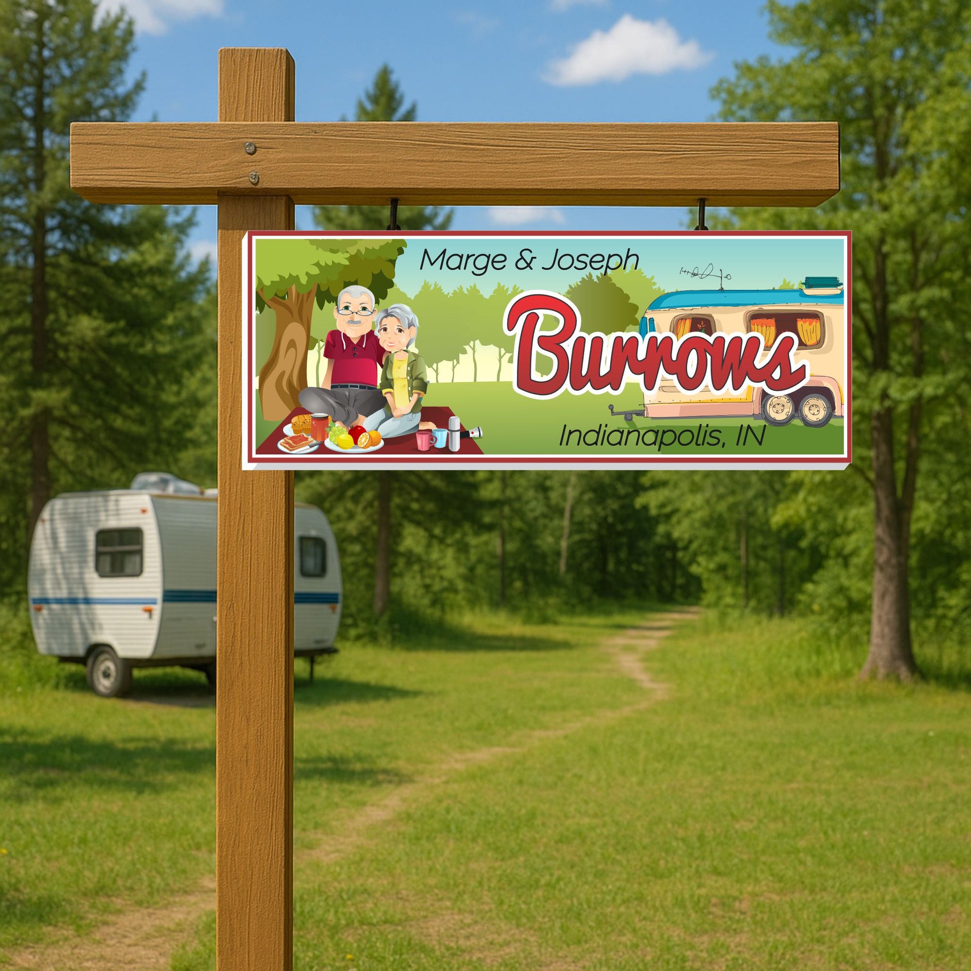 Personalized RV camping sign displayed outdoors on a wooden post in a campground