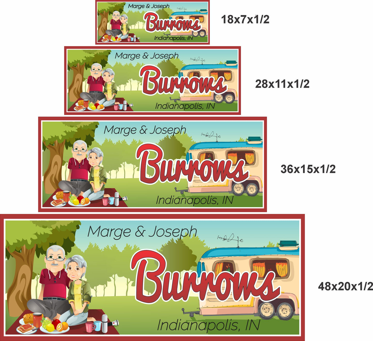 Personalized camping sign shown in four available sizes for size comparison