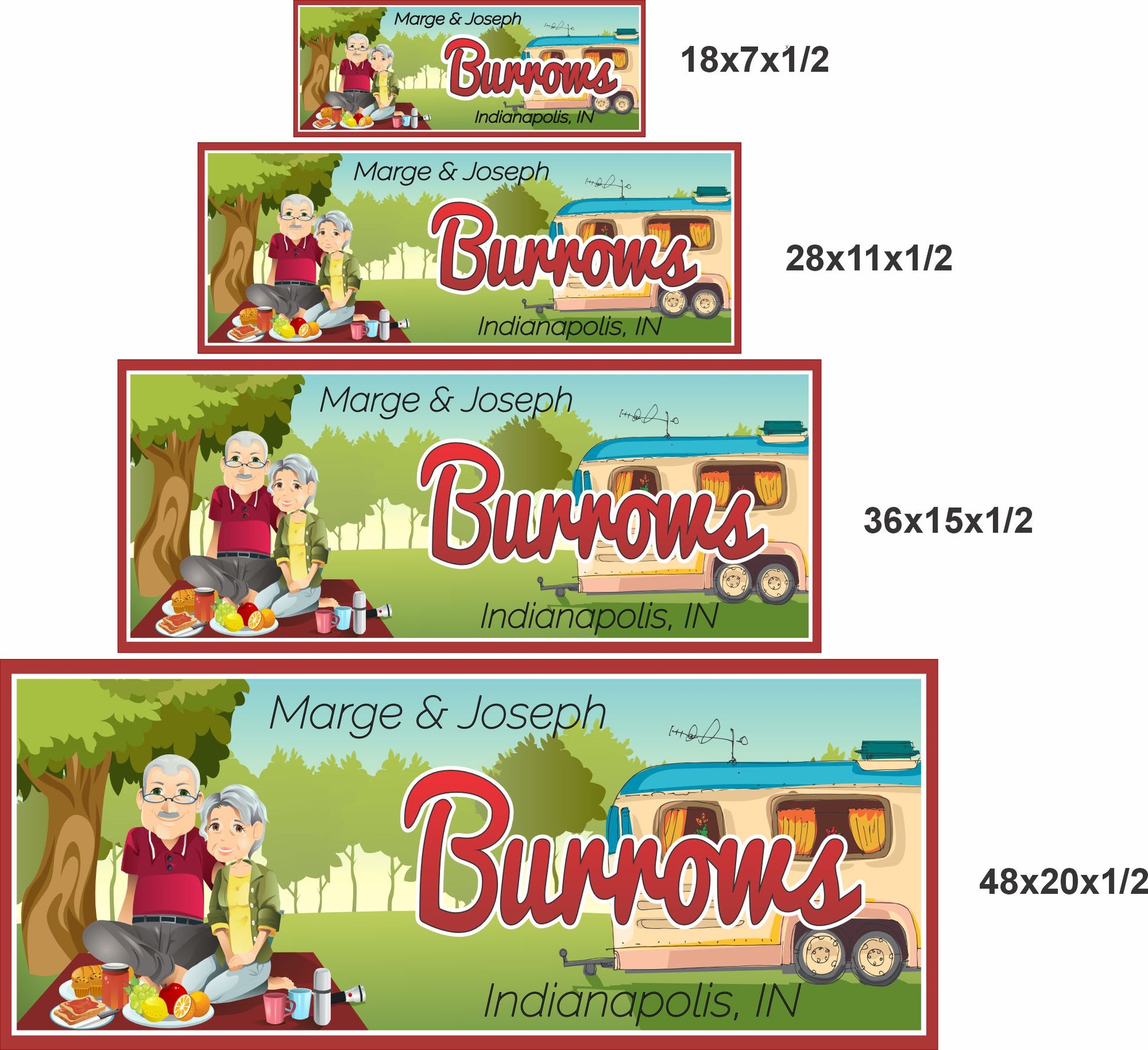 Personalized camping sign shown in four available sizes for size comparison