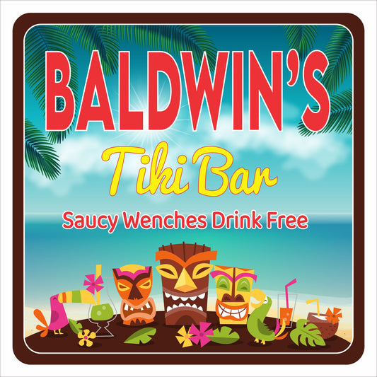 Personalized tiki bar sign with tropical artwork and custom name printed on vinyl mounted to PVC
