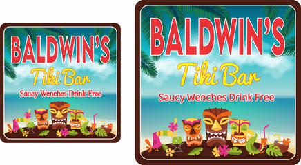 Personalized tiki bar sign featuring tiki masks, tropical drinks, ocean background, and palm fronds with editable text.