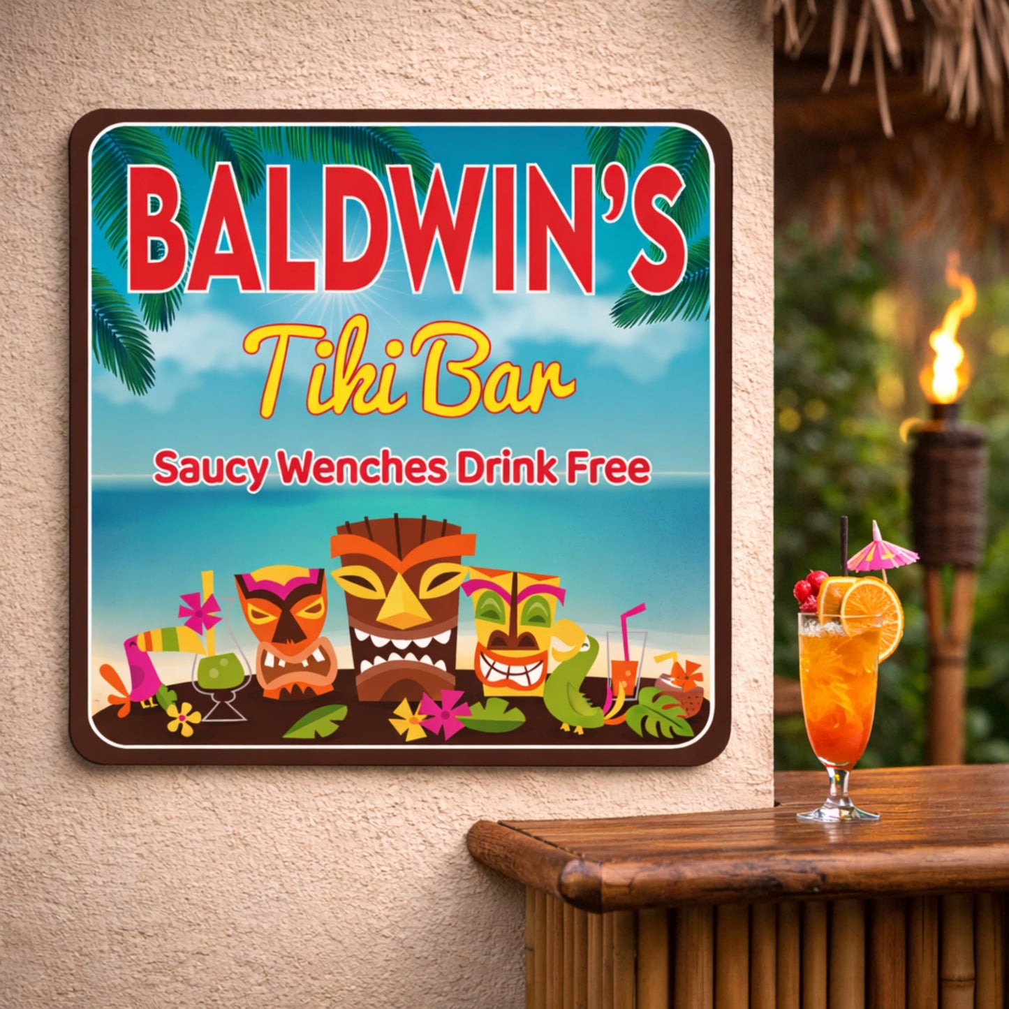 Personalized tiki bar wall sign displayed above a tiki bar counter in a tropical setting