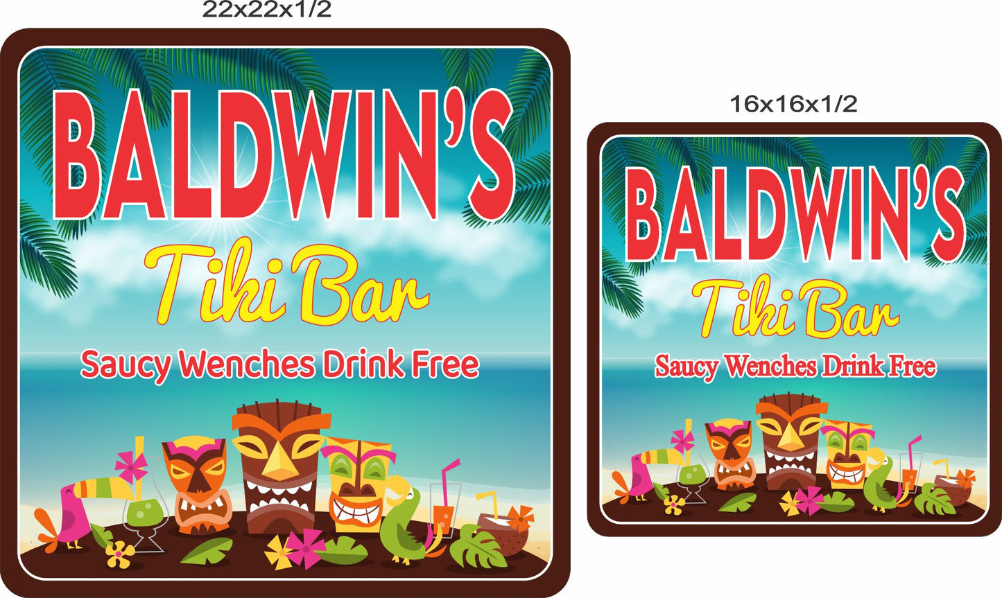 Personalized tiki bar sign shown in 16x16 and 22x22 inch size options
